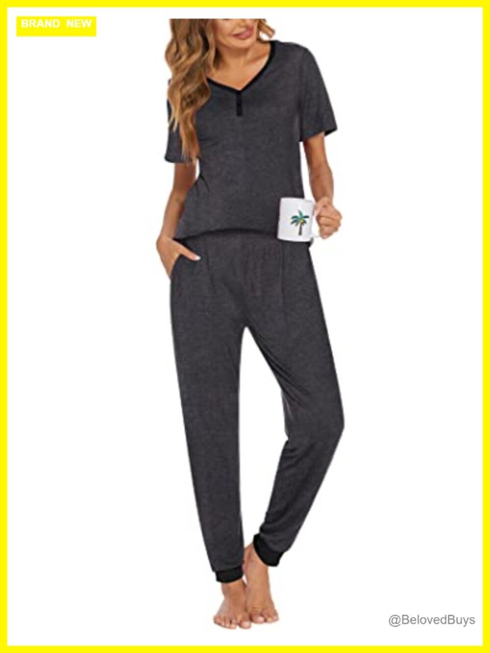 2 Piece Pajama Set Short Sleeve V-Neck Top Jogger Pants with Pockets